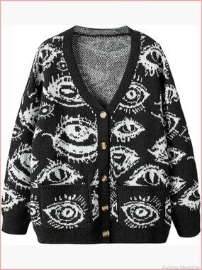 Button Front Eye Print Cardigan Grunge Punk Sweater